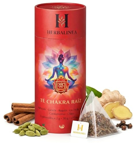 HERBALINEA Infusión de Hierbas Naturales Té Chakra Raíz 15 Pirámides Premium 30g Jengibre Canela Cardamomo Clavo Regaliz Equilibrio y Bienestar sin Cafeína