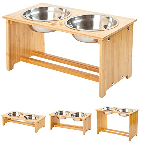 FOREYY Raised Dog Bowls for Cats and Dogs - Bamboo Elevated Dog Cat Food and Water Bowls Stands Feeder Dishes with 2 Stainless Steel Bowls and Anti Slip Feet (Large - 25.4 cm high)