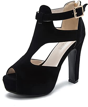 Women's Peep Toe Platform Sandal, T-Strap with Ankle Buckle, Block High Heel, 4.7 Inch Zipper Heel Velvet Black Label Size 43-265mm - US 10.5