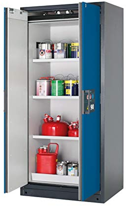 ASECOS Sicherheitsschrank Q90 RAL 7016/RAL 5010 4xAZ1xBW.S (St.bl.) zur Lagerung von entzündbaren Gefahrstoffen in Arbeitsräumen