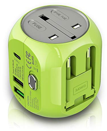 Milool Adattatore Universale da Viaggio con QC3.0 Quick Charge 2 Porte USB 3.0 e 1 Interfaccia Type-C US/EU/UK/AU in One Caricatore Multifunzioni per Oltre 180 Paesi, 2 Fuse (Spare Fuse) (Verde)