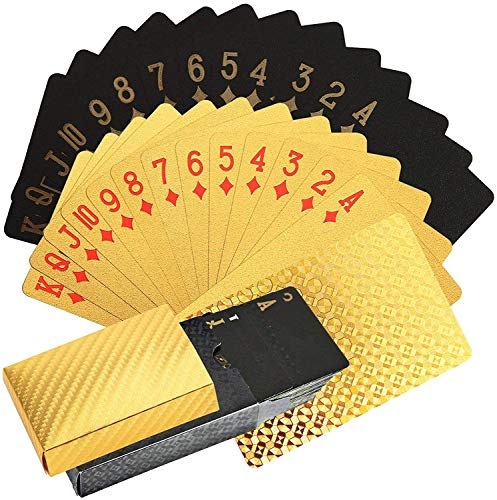KAHEIGN Poker Spielkarten Kartenspiel, 24K Folie wasserdichte Pokerkarten Diamond Spielkarten Professionelles klassisches Zauber Trickwerkzeu für Kartenspieler Familienpartyspiel (Gold + Schwarz)
