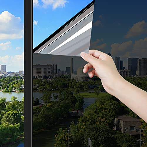 ConCus-T One Way Window Film Heat Control Sun Blocker Anti Glare Blackout Window Tint Film Mirror Effect Film UV Solar Film Static Cling Covering, Black Silver, 44.5 x 200cm