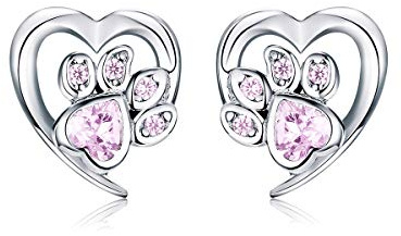 Orecchini a Lobo a Forma Di Zampa Di Cane e Gatto In Argento Sterling S925 Con Cristalli Rosa Trasparenti Orecchini a Perno a Forma Di Cuore Idea Regalo Per Amanti Degli Animali Domestici e Bambine
