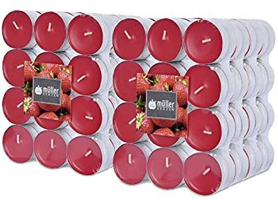Müller 192 Duft Teelichter - Erdbeeren - 4 Stunden Brenndauer - Ø39 mm - Farbe Rot - Premium Strawberry Love Duftkerzen - Gegossenes Wachs - RAL Qualität