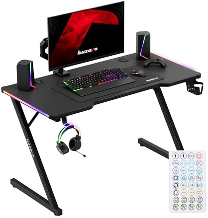 huzaro Hero 2.5 Gaming Schreibtisch - Computertisch - 120x60cm - RGB | Getränkehalter & Kopfhörerhalter - USB-Ladeanschluss - Homeoffice Gamer - Carbon Tischplatte - Beleuchtung LED - Schwarz