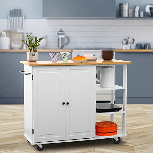 SECARUS Cuisine Kitchen Cart with Wood Top Utility Breakfast Bar Mobile Service Cart with Storage Cabinet, Drawer, Towel Rack, Shelves and 360°Smooth Rolling Wheels (White)
