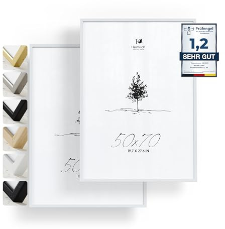 Heimlich® 2x Bilderrahmen 50x70 cm Weiss Rahmen 2-Pack | Dokumentenrahmen 50x70 cm Groß Collage | Holzrahmen Holz-Bilderrahmen Poster Echtholz | Picture Frame 50x70 Fotorahmen zum Aufhängen