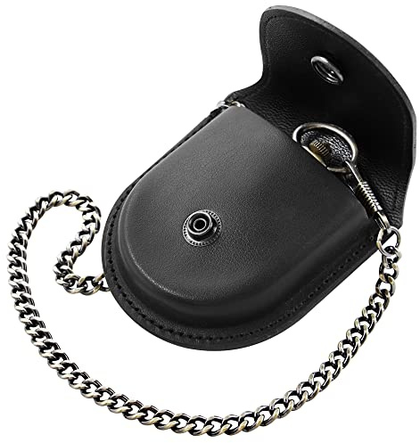 Tiong Custodia per orologio da tasca da uomo, in pelle PU, stile vintage, colore nero/marrone, 45 mm, con catena, 04-nero, Vintage