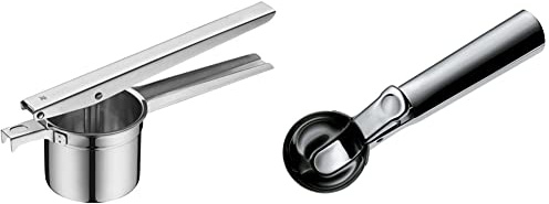 WMF Gourmet Multipresse 26,5 cm, Kartoffelpresse, Cromargan Edelstahl, spülmaschinenfest & Gourmet Eisportionierer 18 cm, Eislöffel mit Auswerfer, Cromargan Edelstahl poliert, 1 - Pack
