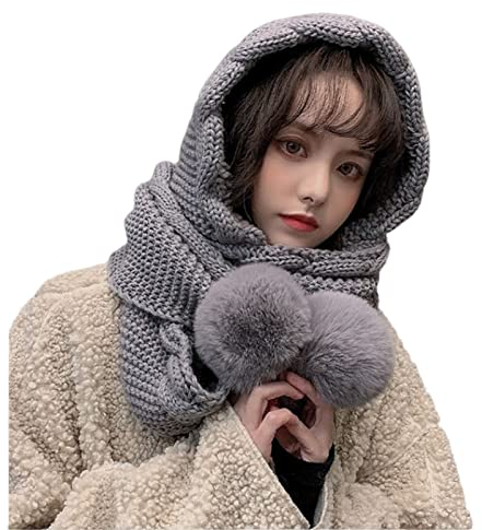 Wilitto Einteiliger Schal Hut Gehörschutz Winddicht Bequem Frauen Winter Plüsch Bälle Dekor Kapuzenschal Kostüm Zubehör Grau