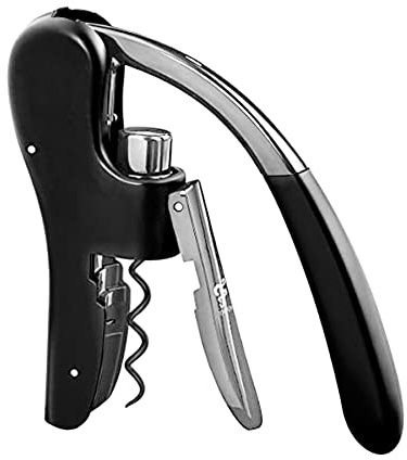 OGGI Lever Action Corkscrew Wine Bottle Opener, Manual Handheld Corkscrew with Lever Pump, Standing Design, Nonstick Worm & Easy No-Twist Cork Removal - Black/Stainless Steel