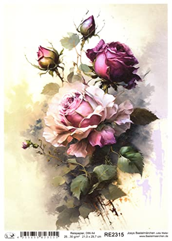 Josys Bastelmärchen Reispapier A4 Strohseide Decoupage Serviertentechnik Blumen Rosen RE2315