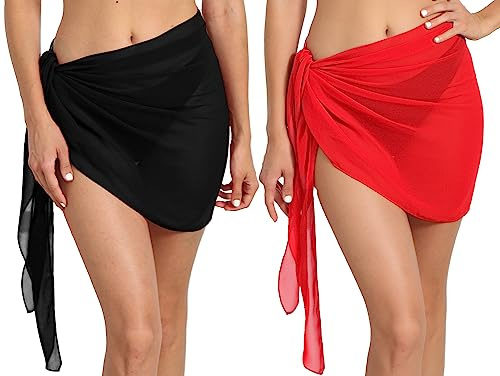 DGSHIRLDJO 2 Stück Damen Strandtuch Sarong, Leichter Chiffon Badeanzug Cover Up, Sommer Strandmode Bikini Wrap Rock (DE/NL/SE/PL, Alphanumerisch, M, Regular, Regular, schwarz und rot)