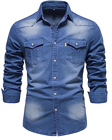 Skrsila Camicia in Denim Uomo Maniche Lunghe Business Casual Shirt in Jeans Uomo Camicia