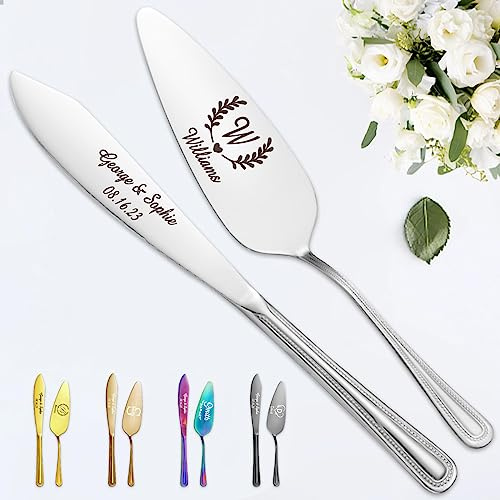 STREADVE Juego de cuchillos y servidor para tartas de boda grabados, utensilios de corte personalizados para novia, novio, cortador personalizado, regalo de cumpleaños de quinceañera, inicial,