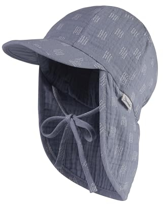 Sterntaler Schirmmütze Punkte Musselin mit Nackenschutz und Bindeband für Jungen - Baby Mütze mit grafischem Punktmuster - Sonnenkappe aus Baumwolle - graublau, 49