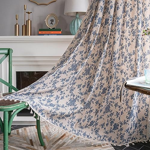 iyoimono Boho Vorhänge Beige Blaue Blumen Blickdicht Gardinen mit Quaste Baumwolle Leinen Landhausstil Häkeln Stricken Gardinen Vorhang für Küche Wohnzimmer Schlafzimmer,2 Stück,150x160cm