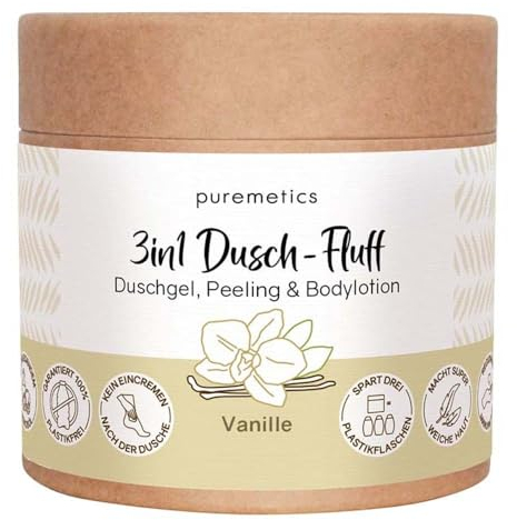 puremetics 3in1 Dusch-Fluff (250g) | Duschgel, Peeling und Lotion in Einem | vegan & plastikfrei | pflegend, hautverfeinernd & glättend | Zucker Meersalz Peeling | Zero Waste (Vanille)