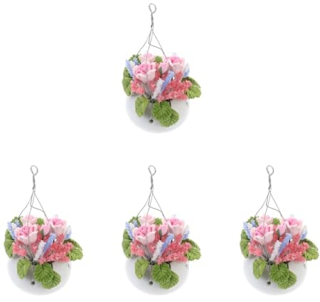 DOITOOL Blumenampel Puppenhaus Hängender Blumenkorb 4 Stück 1:12 Mini- -puppenhaus-möbel Für Heimdekoration Rosafarbene Rosen-Topf-hängepflanze Künstliche Pflanzen Verzierungsmodell Mini-Arrangement
