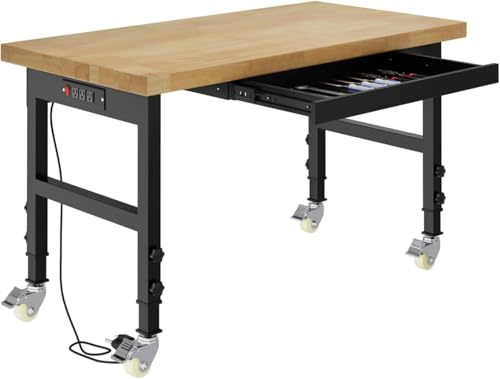Pelnuies 48 Heavy Duty Work Bench with Drawers, Adjustable Height Workbench with Wheels, 2000 LBS Capacity Work Table with Power Outlets for Garage, Workshop, Office, Home