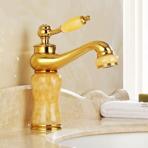 All Copper Natural Jade Sink Basin Hot and Cold Water Faucet Gold Splash Proof Faucet, Gold-White Jade Model (Golden topaz)
