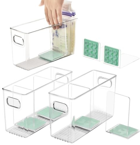 Contenedor de almacenamiento de leche materna con separadores en forma de L para aplanar bolsas de leche materna de pie en contenedores organizadores para ahorrar espacio en el refrigerador, 2