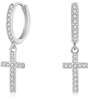 Cangall Silver Hoop Earrings for Women, 925 Sterling Silver Cross Drop Hoop Earrings, CZ Simple Cute Cartilage Silver Dangle Earrings, Sleeper Dangle Hoop Earrings Silver with Cross Charm for Girls