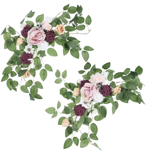 PATIKIL Arco de Flores para Bodas, 2 Piezas de Flores Artificiales de Seda Falsas Rosas Guirnaldas Florales con Hojas para Decoración de Fiesta, Rosa Oscuro/Fucsia