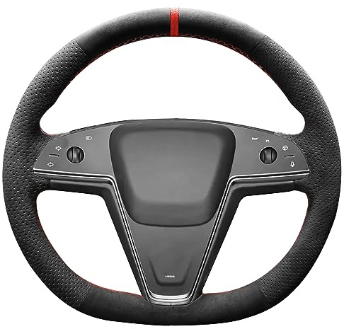 Alfanxi Handgenähter Lenkradbezug, passend für Alcantara-Material für Tesla Model S Base Plaid (rote Streifen)