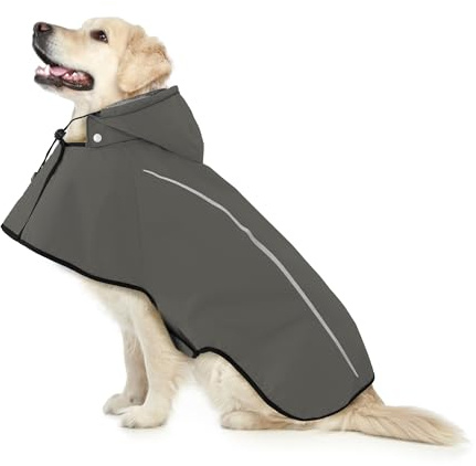 Mile High Life Hunde-Regenmantel, verstellbar, wasserdicht, reflektierender Kapuzenponcho für kleine, mittelgroße und große Hunde, leicht, atmungsaktiv, Haustier-Regenmantel (Dunkelgrau, Größe L