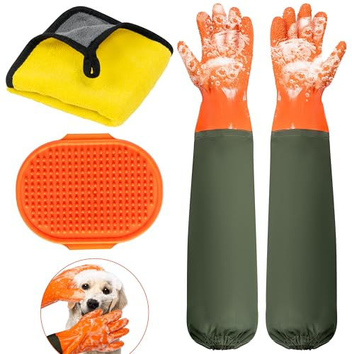 PANTIDE Pet Grooming Gloves Set - Waterproof Bite Proof Extra Long Cleaning Mitt Hair Brush Drying Puppy Bath Towel for Dog Cat Bathing Massaging Multifunctional Silicone Cleaning Gloves 25.2in/64cm