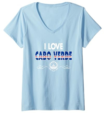 Womens I Love Cabo Verde With Cape Verde Flag Emblem Independence V-Neck T-Shirt