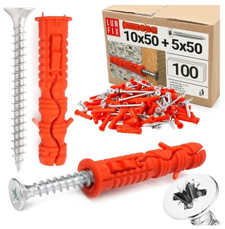 LUN FIX Dübel Set 10x50 mm mit Schrauben 5x50 mm 100 Stk Schrauben | Universaldübel, Schlagdübel, Hohlraumdübel, Dübel Schrauben Set für Beton, Ziegel, Gipskarton, Trockenbau