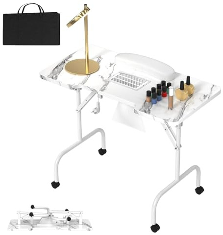 UISEBRT Tavolo pieghevole per manicure con aspirazione e rotelle, per manicure portatile, portatile, per manicure mobile, venature bianche