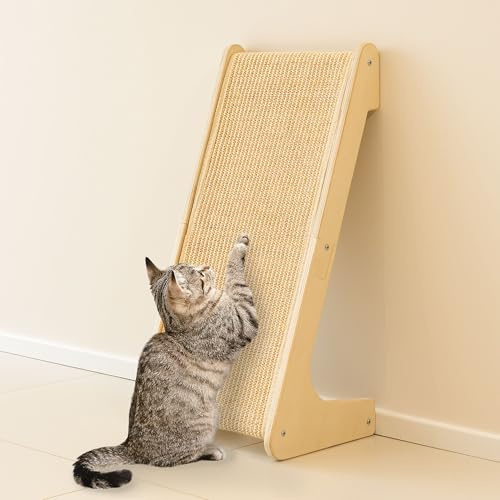PETKARAY L Shape Cat Scratcher, Sisal Kitty Scratching Ramp, Vertical Scratch Pad for Indoor Cats, 25.2 Furniture Protector with Catnip, Classic