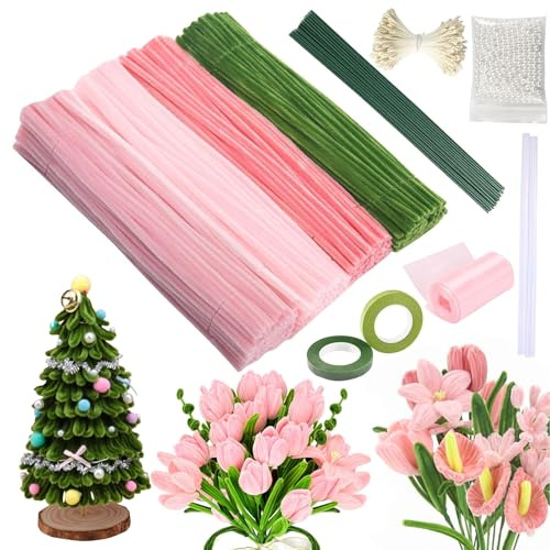 400Pcs Pipe Cleaners Craft Kit for Tulip Bouquet - Complete Flower Making Set with Chenille Stems, Florist Wire & Video Tutorials - Creative DIY Arts & Crafts Gift for Adults, Beginners (Pink)
