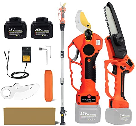 Forbici da Potatura, Potatore elettrico a batteria da 25 V 40 mm con cavo di prolunga Tagliaerba a catena da 5 pollici,Taglio di Precisione(Pruner Saw Color Box)