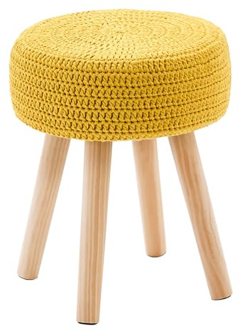 Wimarsbon Pouf Ottoman, 100% Cotton Knitted Boho Footstool, Round Footrest with Non-Skid Wood Legs, Home Décor Handmade Pouffe, Leisure Floor Step Stool for Living Room (Long Leg - Yellow)