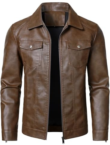 HOOD CREW Chaqueta de cuero para hombre, chaqueta de motociclista, casual, ligera, de piel sintética