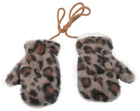 IPENNY Children's Plush Leopard Print Mittens with Anti-lost String Winter Thermal Fur Lined Gloves Warm Fluffy Full Finger Gloves Cold Weather Cycling Ski Glove for 3-7 Years Old (Khaki)