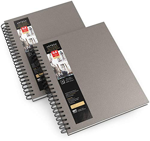 Arteza Aquarellpapier Skizzenbücher, 22.9 x 30.5 cm, 2er-Pack, graues Hardcover Skizzenbuch, je 32 Blatt, 300 g/m² Aquarellbuch, Ringbuch für Aquarell, Gouache, Acryl, Bleistifte
