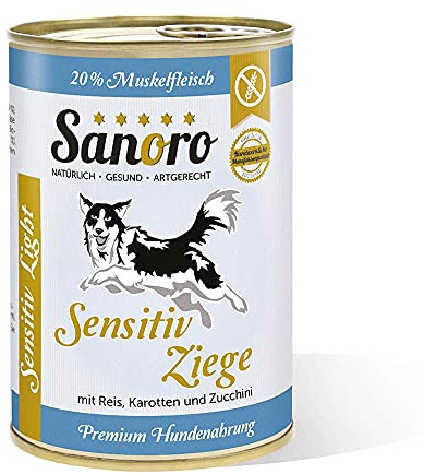 Sanoro Menü Sensitiv Light Ziege. Premium Hundefutter bei Leishmaniose: Purin- und proteinreduziert. Teil-Bio-Qualität. Muskelfleisch von der Ziege mit Bio-Reis und Bio-Karotte. (12 x 400g)