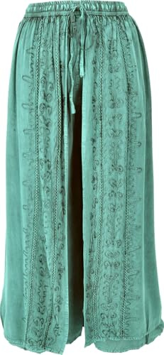 GURU SHOP Palazzohose, Langer Boho Hosenrock, Orienthose, Bestickte Sommerhose - Aqua, Damen, Synthetisch