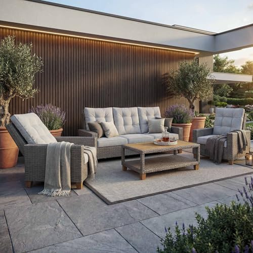 Mendler Gartengarnitur HWC-G28, Sitzgruppe Lounge-Set, Akazie Holz halbrundes Rattan verstellbar MVG - grau, Kissen hellgrau