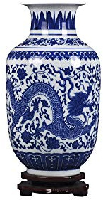 fanquare Jarrón de Flores de Porcelana Azul y Blanca Jingdezhen, Jarrón de Cerámica Pequeño Dragón Hecho a Mano, Florero Decorativo, Altura 30cm