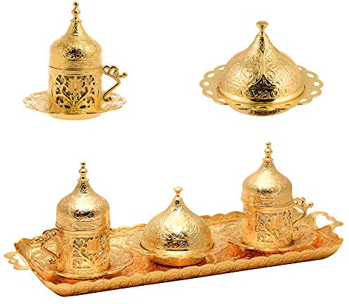 Alisveristime Authentisches türkisches Kaffeetassen-Set: Zamak & Porzellan, Tulpenmotive (2er-Set) (Lale) (Gold)