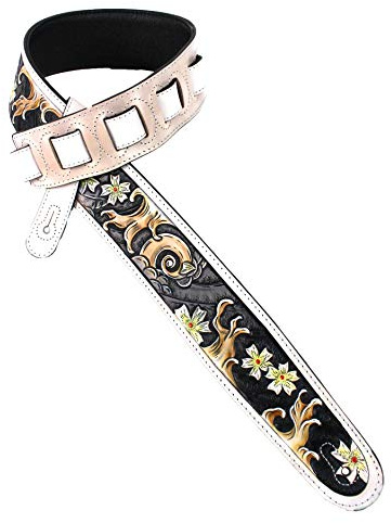 Walker And Williams LHR-26 Antique White Handmade Premium Carving Leather Guitar Strap With Sumi-E Wave Scene For Acoustic, Electric, And Bass Guitars