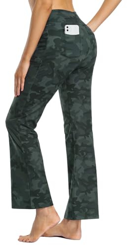 MOVE BEYOND Pantalones de Yoga Bootcut para Mujer con 4 Bolsillos Pantalón Corte de Bota de Cintura Alta para Vestir Pilates Fitness Entrenamiento, Largos, Camuflaje, L