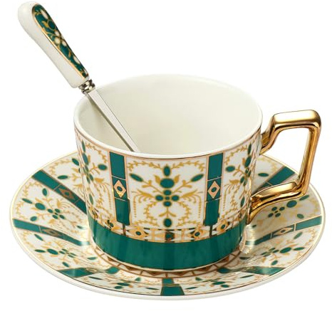 XUDREZ British Vintage Porcelain Tea Cup, Ceramic Coffee Cups, Bone Porcelain Creative Tea Set with Coffee Cup, Saucer, Teaspoon (3)